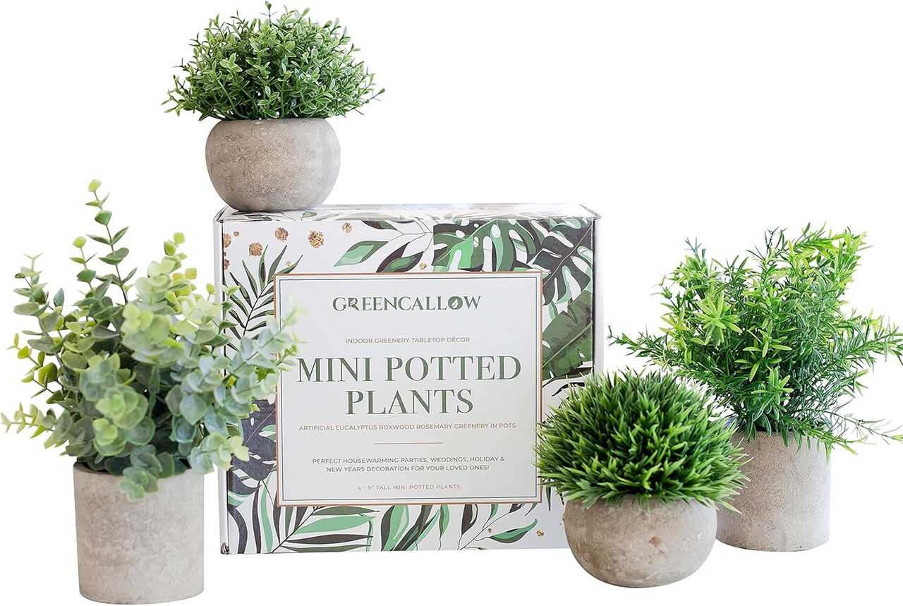 Artificial Plants for Home Decor Indoor. 4 Mini Plants, Rosemary Faux Plant Decor, Eucalyptus Plant, Grass Plants. Small Fake Shelf or Desk Greenery Décor